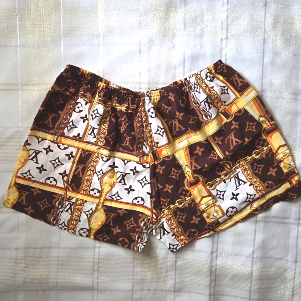 Brown & White Pattern Elastic Waistband Shorts